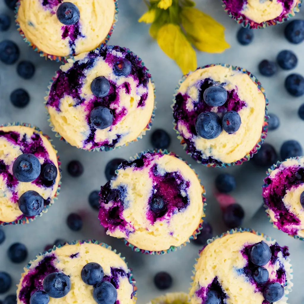 Prompt: colourful macro photo of blueberry cupcakes, photorealistic, dynamic lighting, bokeh, Canon 85mm vintage lens