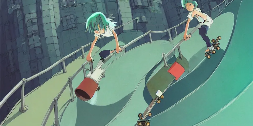 Prompt: a beautiful movie still in the style of Studio Ghibli anime showing a skateboarder grinding down a rail in high detail. The skater is a girl with green hair and she is waving spray paint cans in the air. Studio Ghibli, trending on artstation, trending on behance