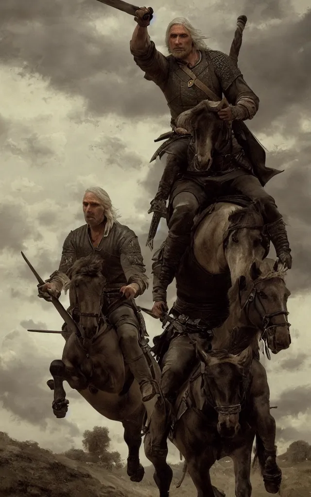 Image similar to mads mikkelsen as geralt of rivia from the witcher riding a horse, artstation, by camille corot, cinematic, dramatic, filmic, 8 k, moody lighting, cinematic lighting, insanely detailed and intricate, hypermaximalist, elegant, ornate, hyper realistic, super detailed