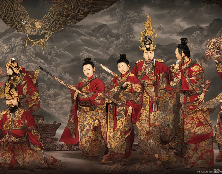 Image similar to ancient chinese military generals in old asian temple, beautiful texture, beautiful graphics, fantasy artwork, very beautiful scenery, hd, hdr, ue 5, ue 6, unreal engine 5, cinematic 4 k wallpaper, 8 k, ultra detailed, by popular digital, details, beautiful image ever created, high resolution, artstation, award winning