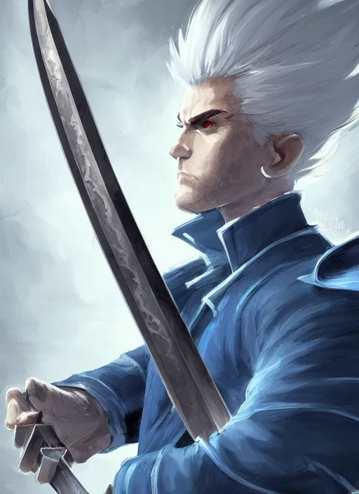 Image similar to a highly detailed illustration of furious short slick back white haired man wearing dark blue coat, bright blue eyes, heroic dramatic wielding katana pose, intricate, elegant, highly detailed, centered, digital painting, artstation, concept art, smooth, sharp focus, league of legends concept art, wlop