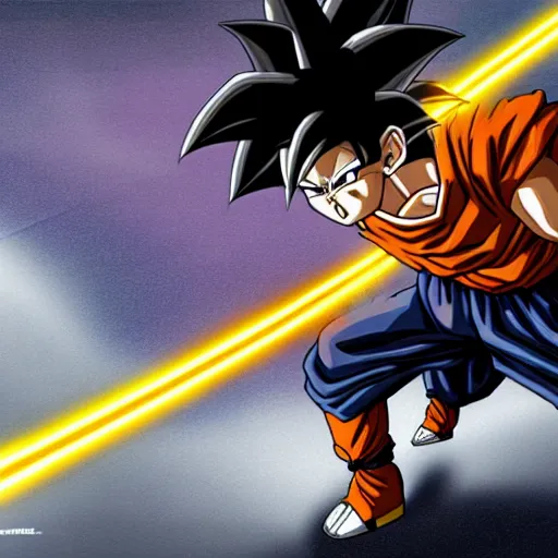 Prompt: Goku wearing a brown floor length rober welding a lightsaber, sci Fi, concept art, detailed, stylized