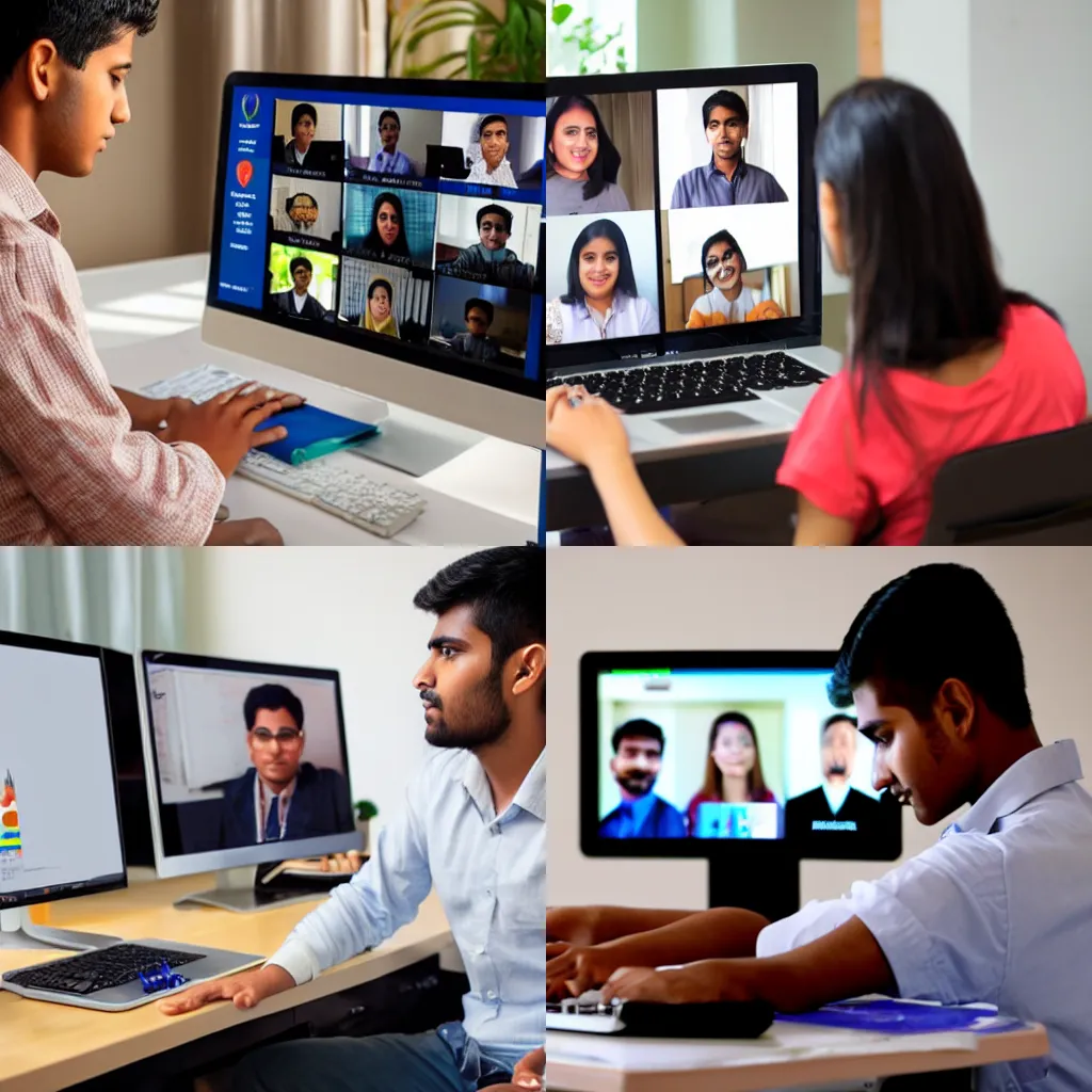 Prompt: young indian student using computer remote studying, watching online webinar, virtual training on video call meeting.