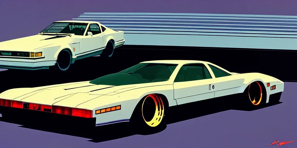 Image similar to art style by Ben Aronson and Edward Hopper and Syd Mead, wide shot view of Need for Speed, on ground level. full view of the hybrid design any two cars from 1980's, with wide body kit modification and dark pearlescent holographic paint.