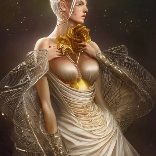 Image similar to a beautiful woman wearing a white dress made of silk with golden ornaments and diamonds jewelry by alex gray and android jones , Karol Bak, Ayami Kojima, Amano , concept art, character design, fantasy,3D, 8k resolution