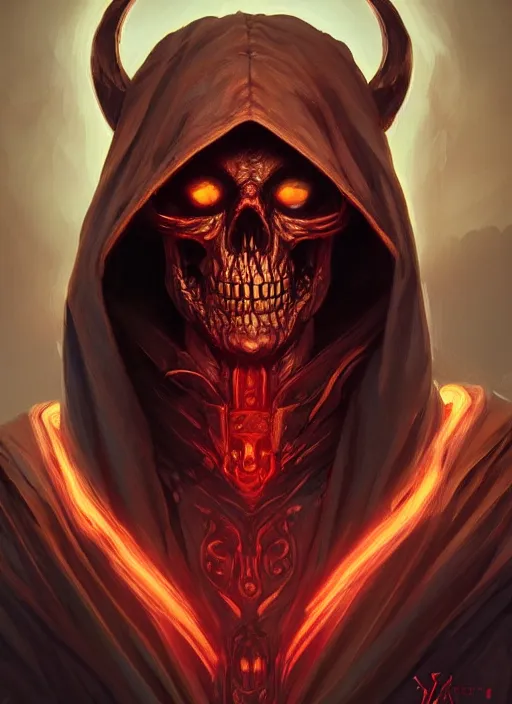 Image similar to portrait of skeletor, red glowing eyes, cloak, fantasy, extremely detailed, digital painting, artstation, concept art, smooth, sharp focus, illustration, stunning lighting, art by artgerm and alphonse mucha and simon stalenhag, realistic character concept, high fantasy, light atmosphere, golden ratio, cinematic