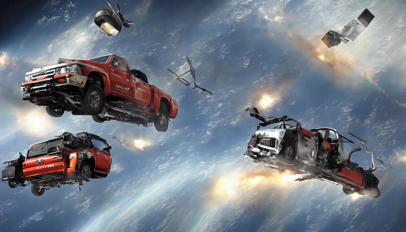 Prompt: WhistlinDiesel dropping a Toyota Hilux from the International Space Station, trending on artstation