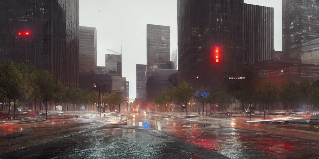 Prompt: revolutionary autonomous downtown denver with heavy rain, cinematic, ultra - realistic, ultra - detailed, octane render, unreal engine 5, depth of field