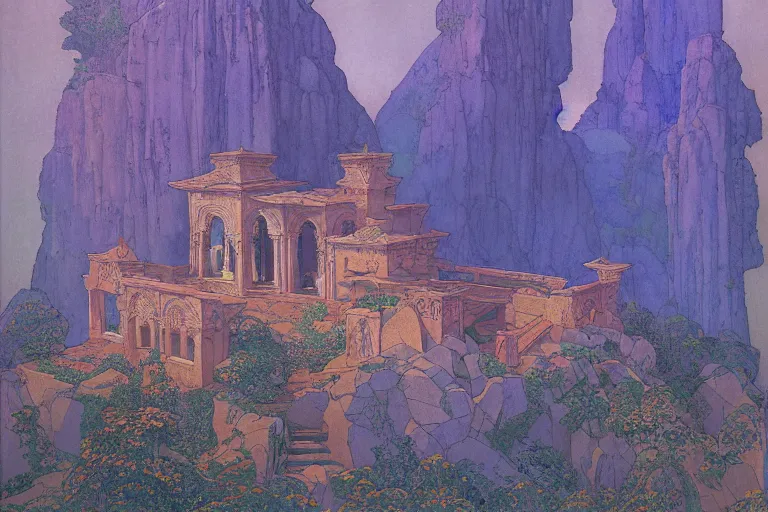 Prompt: ancient temple on a mountainside at dawn | by Edmund Dulac and Maxfield Parrish and Nicholas Roerich and Donato Giancola | ornate carvings| climbing vines| rich color | dramatic cinematic lighting | extremely clear and detailed