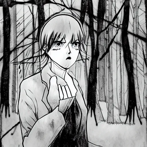 Image similar to in the style of sui ishida, transparent ghost screaming, in the woods, moody lighting