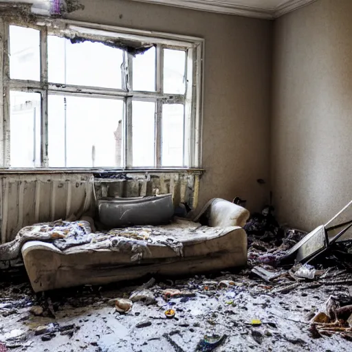 Image similar to Award winning photo of a living room of a flat abandoned 3 moths ago, 4k, urban exploring, high quality, messy