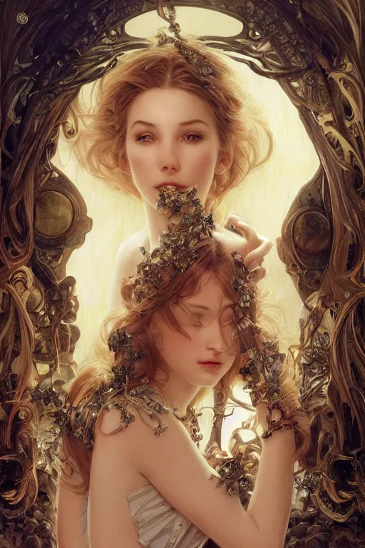 Prompt: young woman, fantasy, intricate, highly-detailed, elegant, dramatic lighting, glowing halo, gorgeous face, sexy gown, lifelike, photorealistic face, digital painting, artstation, illustration, concept art, smooth, sharp focus, art by John Collier and Albert Aublet and Krenz Cushart and Artem Demura and Alphonse Mucha