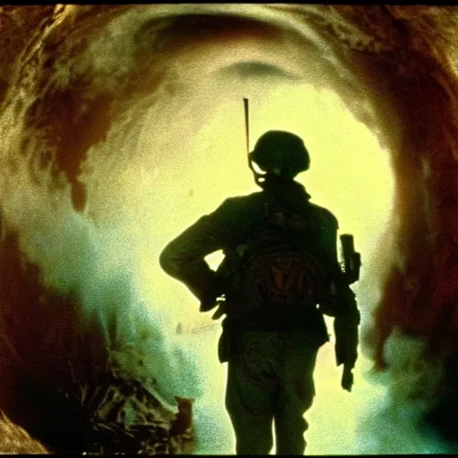 Image similar to film still, extreme far view, donald trump vietnam door gunner, film still from apocalypse now ( 1 9 7 9 ), 2 6 mm, kodak ektachrome, blue tint expired film