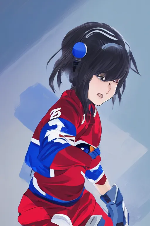 Image similar to beautiful female akira anime cyberpunk super star cute ice hockey player, wearing a light futuristic habs jersey, blue white and red color blocking, character concept exploration, outfit designs, trending on artstation, photorealistic, 8k