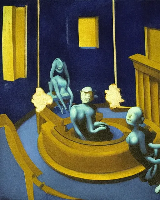 Image similar to blue people talking and a lonely dark figure seated on a throne with clouds at dark and yellow art deco interior room in the style of Francis Bacon, open ceiling, highly detailed, painted by Francis Bacon and Edward Hopper, painted by James Gilleard, surrealism, airbrush, art by James Jean