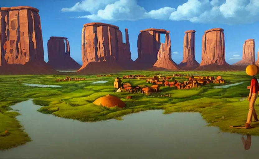 Image similar to a scary hyperrealist painting of a tribal village in a giant transparent forcefield crystal ball from howl's moving castle ( 2 0 0 4 ) in a flooded monument valley stonehenge jungle. depth perception, 4 k, artstation, in the style of studio ghibli