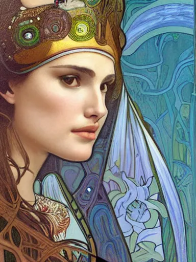 Image similar to a beautiful painting of natalie portman by Alphonse Mucha and by yoshitaka Amano and by Mark Brooks and by gustav klimt and by john william waterhouse, Art Nouveau, Neo-Gothic, gothic, award winning painting, hyperdetailed, detailed