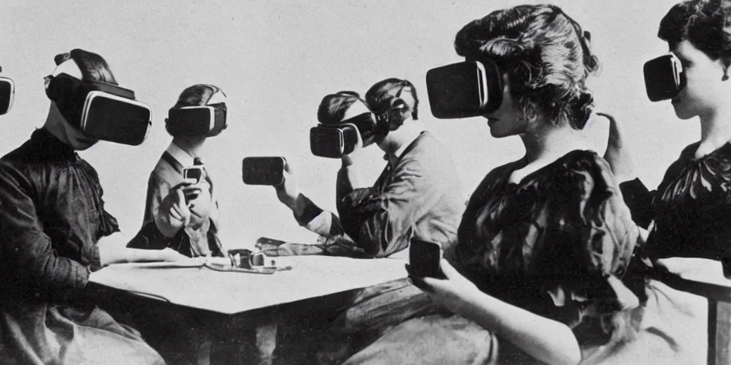 Prompt: 1 9 0 0 s photo of people using iphones ipods virtual reality headsets vr watching hd tv