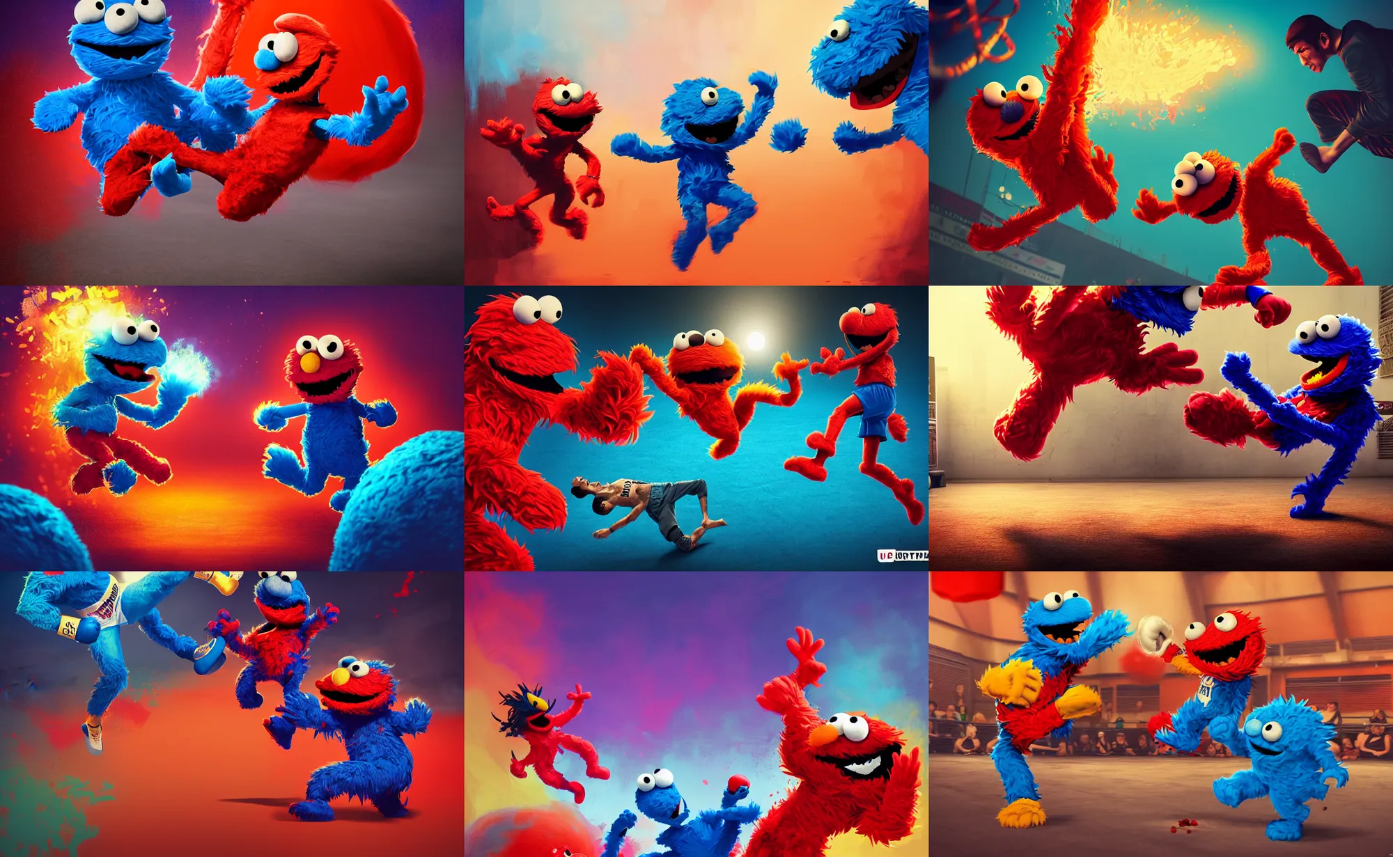 Prompt: elmo kicking cookie monster, muay thai boxing match, high kick, colorful, contrast, 3 d scene, greg rutkowski, zabrocki, karlkka, jayison devadas, trending on artstation, 8 k, ultra wide angle, zenith view, pincushion lens effect