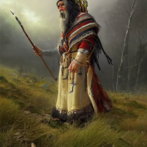 Image similar to siberian shaman on the hill with his tools, highly detailed, digital painting, concept art, smooth, sharp focus, illustration, artstation, art by giger and greg rutkowski and hikari shimoda and edmund blair leighton and charlie bowater, painted