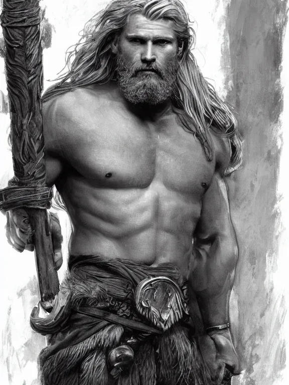 Prompt: painted portrait of rugged thor, god of thunder, norse god, white hair, masculine, mature, handsome, upper body, grey and silver, muscular, hairy torso, fantasy, intricate, muscular, elegant, highly detailed, digital painting, artstation, concept art, smooth, sharp focus, illustration, art by gaston bussiere and alphonse mucha