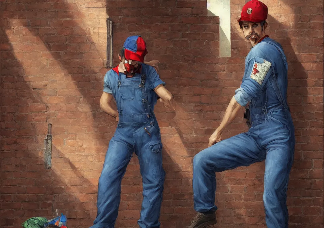 Prompt: italian man in blue overalls and red shirt with a red baseball cap and a big brown mustache with his back against a brick wall, dark mood, horror, resident evil, highly detailed, digital painting, artstation, illustration, art by artgerm and greg rutkowski and alphonse mucha and krenz cushart