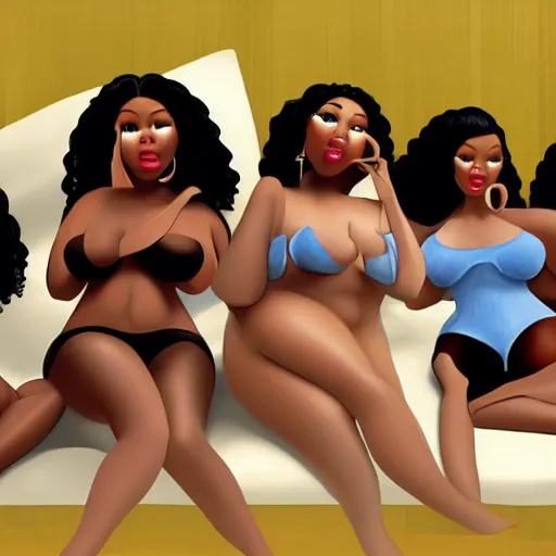 Image similar to stunning, coherent, beautiful painting, still of a group of black bbw models taking a picture of each other posing in the same bed , they are all laying down, one of them is on the phone with her boyfriend , 3d, in the style of pixar, smooth, 3d, highly detailed, highly detailed, sharp focus, bokeh, depth of field, 16k resolution, Unreal Engine 5, coherent, cinematic lighting, photorealistic