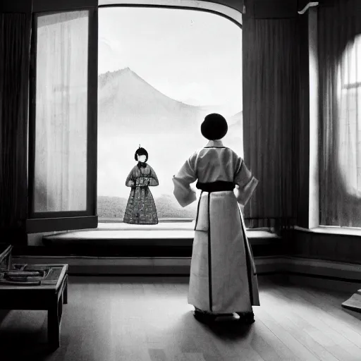 Image similar to woman in traditional hanbok waiting in living room while a giant Kaiju-eiga starfish is behind the window, 35mm film still, monochrome Wes Anderson and Fritz Lang