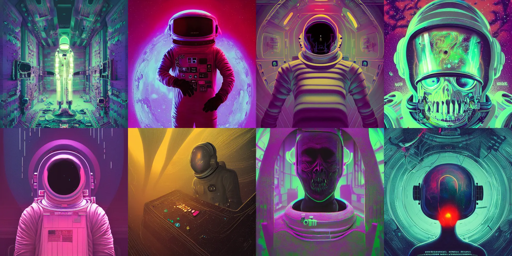 Image similar to beautiful dark astronaut, horror poster 9 0 s, cosmic horror, abstract, ghostly, arcade, duotone, poltergeist, lets get weird, intricate, elegant, highly detailed, smooth, sharp focus, unreal engine 5, raytracing, art by beeple and mike winkelmann, ultraviolet colors,