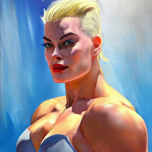 Image similar to greg manchess portrait of margot robbie as very happy thick female bodybuilder zarya from overwatch in disco elysium, epic grimdark, fantasy, medium shot, asymmetrical, profile picture, organic painting, sunny day, matte painting, bold shapes, hard edges, street art, trending on artstation, by huang guangjian and gil elvgren and sachin teng