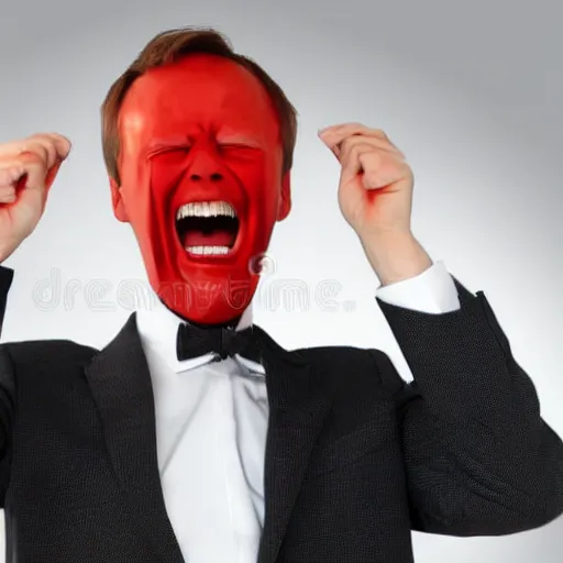 Image similar to man in a office suit screaming bazinga!, realistic, hdr, clear image, stock photo, dynamic lighting,