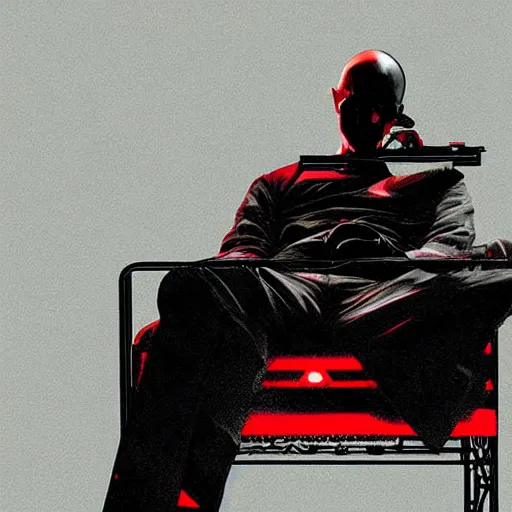 Image similar to agent 4 7 laying down listening to music in front of large stereo speakers surrounded by cables, black background, red rim light, highly detailed, smooth, sharp focus, art by maciej kuciara