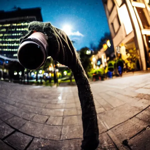 Image similar to widest fish eye lens extremely close to homeless man's face action at night