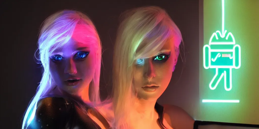 Image similar to a beautiful female blonde android cyborg neon light