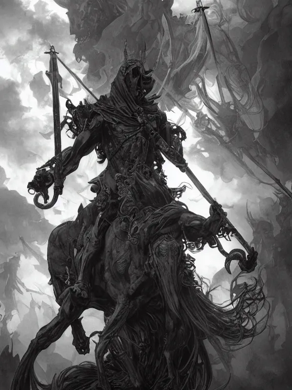 Prompt: the final judgment and the arrival of the 4 horsemen of the apocalypse, undead, highly detailed, male, smooth, sharp focus, dark fantasy, greyscale, digital illustration, by artgerm, greg rutkowski, alphonse mucha