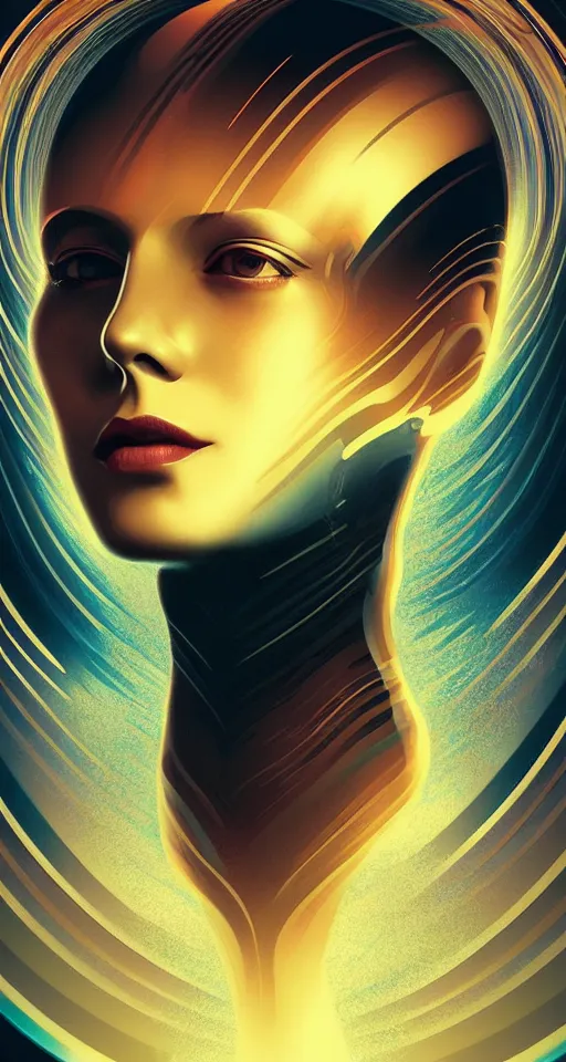 Image similar to art deco close up portait of head surrounded by spheres, digital painting curvalinear clothing cinematic dramatic fluid lines otherworldly vaporwave interesting details epic composition by artgerm