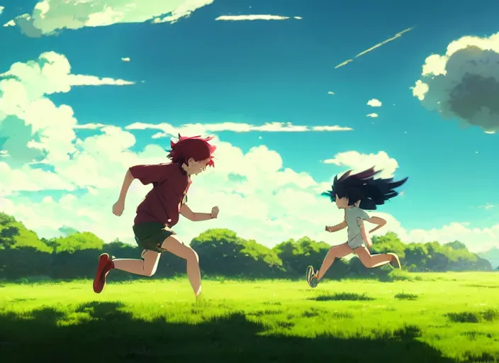 Prompt: young adult running with his goldendoodle over a green maedow, sunny sky background illustration concept art anime key visual trending pixiv fanbox by wlop and greg rutkowski and makoto shinkai and studio ghibli and kyoto animation symmetrical facial features