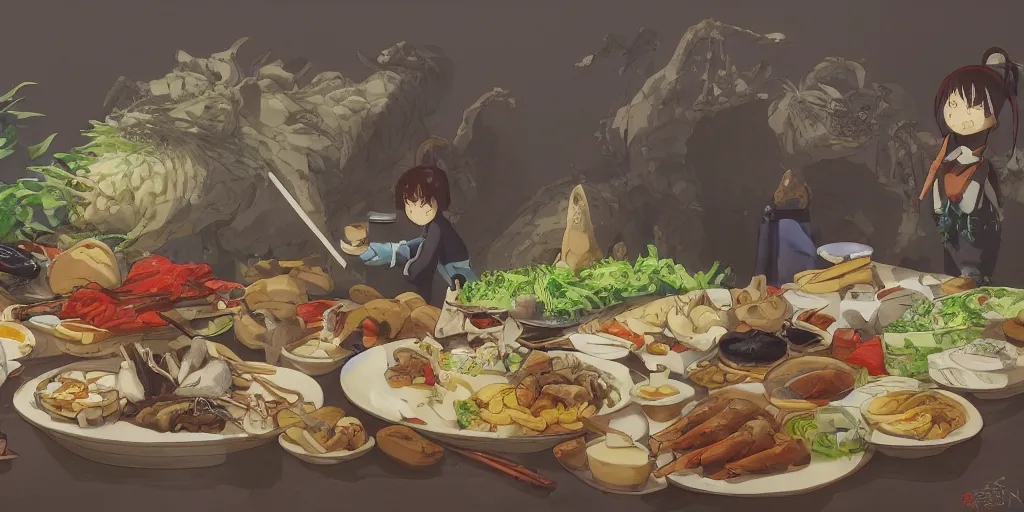 Prompt: A feast for the Ninjas, very detailed, anime, Delicious, Plump, Juicy, Hot Food, large white border, hd, 8k, Unreal Engine 5, high resolution print :1 by Hayao Miyazaki, Nausicaa, studio Ghibli style, Anime wallpaper, cell shading, trending on deviant art :1