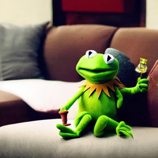 Image similar to candid photo of kermit the frog sitting on the couch holding a bong, kermit the frog in ted ( 2 0 1 2 ) bong rip, kermit the frog, high resolution photo, trending on artstation, interior design, bong!!!!,