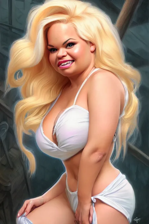 Image similar to clear portrait of a trisha paytas!! as hooters waitress, cottagecore!!, background hyper detailed, character concept, full body, dynamic pose, intricate, elegant, highly detailed, digital painting, artstation, concept art, smooth, sharp focus, illustration, art by artgerm and greg rutkowski and alphonse mucha