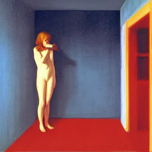 Image similar to an ivory golden young girl in a blue and red haunted liminal abandoned room, film still by edward hopper, by gottfried helnwein, by klimt, art noveau, highly detailed, strong lights, liminal, eerie, bright pastel colors,