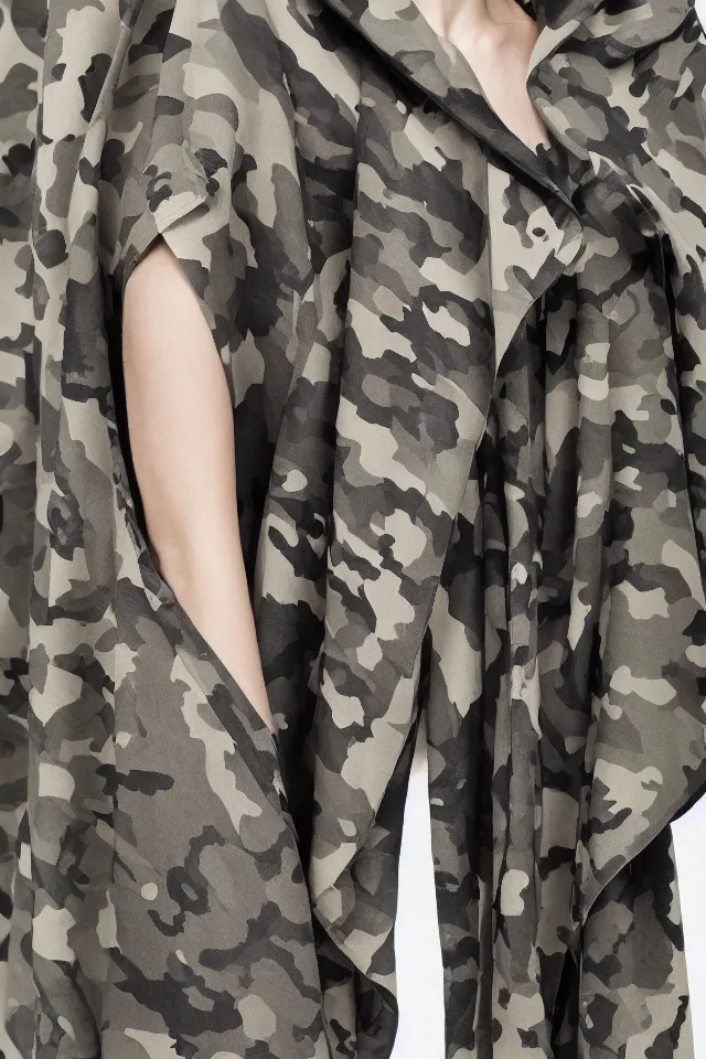 Image similar to fashion design, tactical camouflage poncho by alexander mcqueen and acronym, rim light, high key, ultra detailed