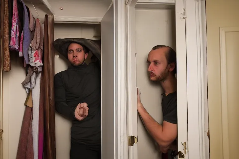 Prompt: dmitry puchkov hiding in closet