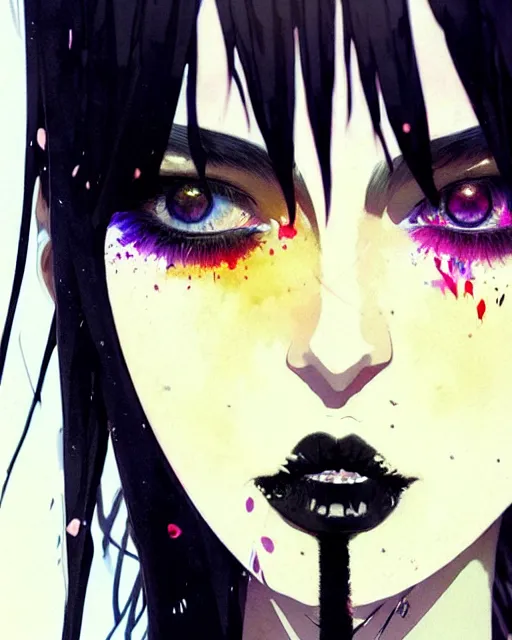 Image similar to close up, captivating, memorable, a ultradetailed beautiful photo of a unique woman wearing a hippy goth outfit standing too too too close, wide eyed staring at you, euphoric, by conrad roset, greg rutkowski and makoto shinkai trending on artstation