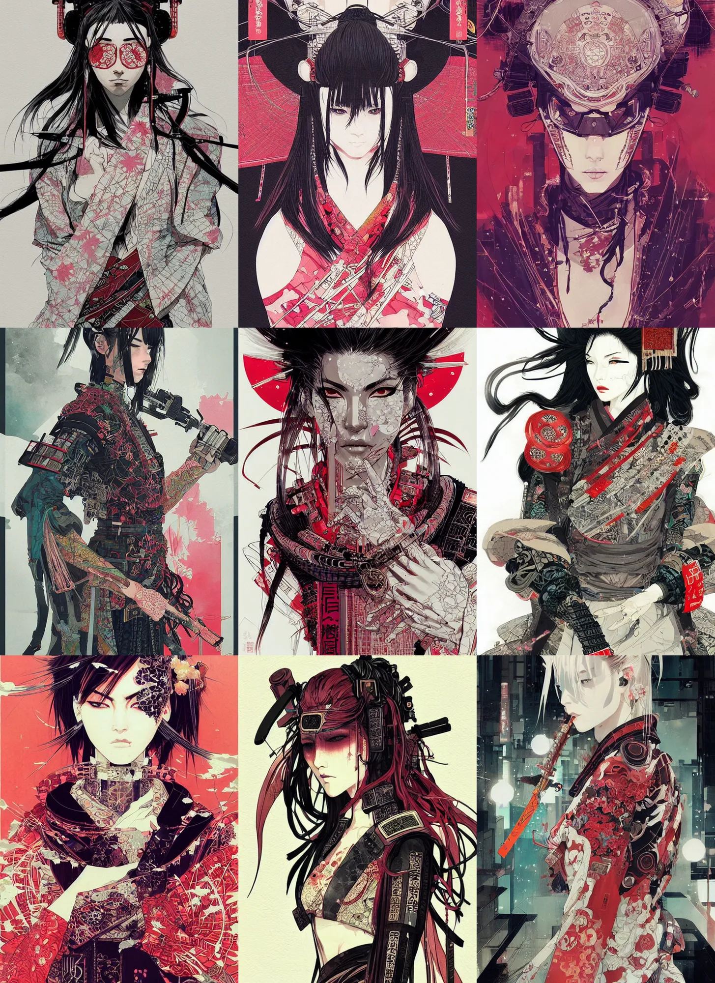 Prompt: very beautiful cyberpunk samurai, detailed portrait, wearing intricate kimono armor, by conrad roset, takato yomamoto, jesper ejsing, beautiful