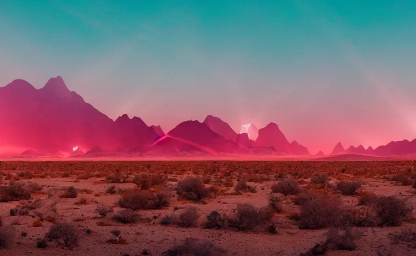 Prompt: a beautiful photo of a sci - fi scientific industrial facility localized in a desert, mountains in the background, patches of yellowish - red - magenta sky, sunset lighting, detailed, hazy, volumetric lighting, god rays, 8 k, cinematic