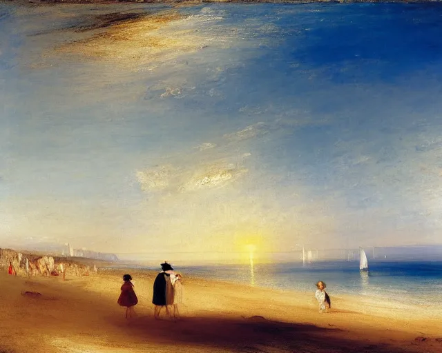 Image similar to a couple and a girl toddler on a beach in sardinia looking at a sailing boat, the man is wearing a panama hat, the woman has long dark hair, white sand, blue sky, summer, white and blue, painting by j. m. w. turner