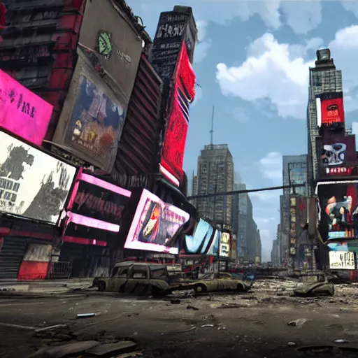 Prompt: Times Square in ruins post-nuclear war in Fallout 4, in game screenshot