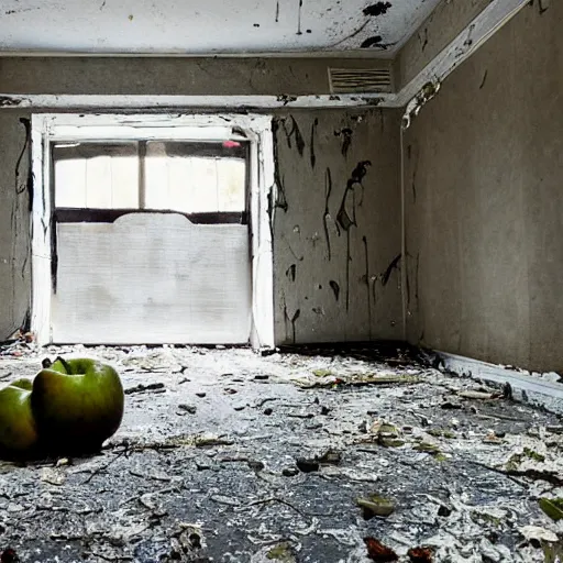 Image similar to a giant rancid apple over a bed in an abandoned room