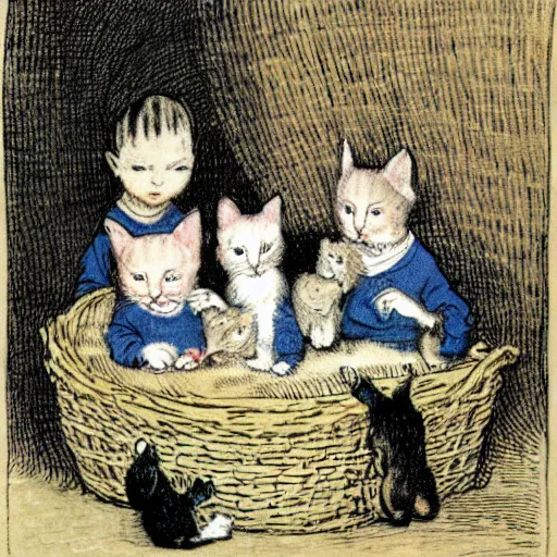 Prompt: child's illustration basket of kittens randolph caldecott